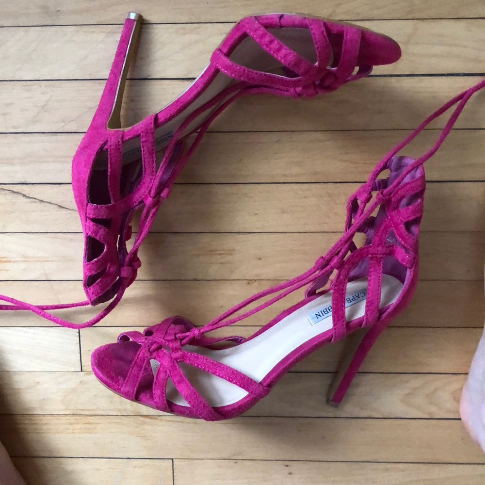 Bright pink, lace up, size 7, 4” high heels